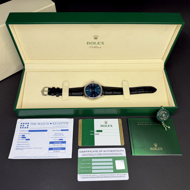 Rolex Cellini Time, 50509, 39mm, 2016, White gold, Blue Roman dial, Fullset, 1y warranty