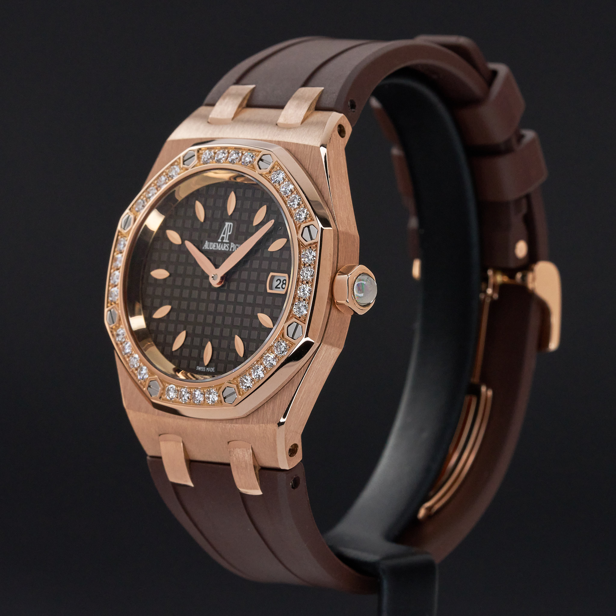 Audemars Piguet Royal Oak Lady, 67601OR.ZZ.D080CA.01, 33mm, 2009, Rose gold, Brown Méga Tapisserie dial, Fullset, 1y warranty