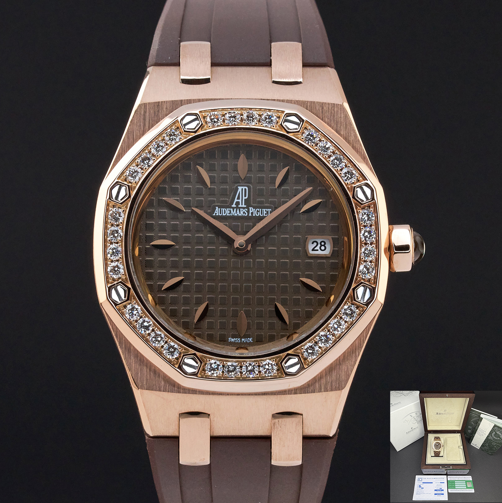 Audemars Piguet Royal Oak Lady, 67601OR.ZZ.D080CA.01, 33mm, 2009, Rose gold, Brown Méga Tapisserie dial, Fullset, 1y warranty