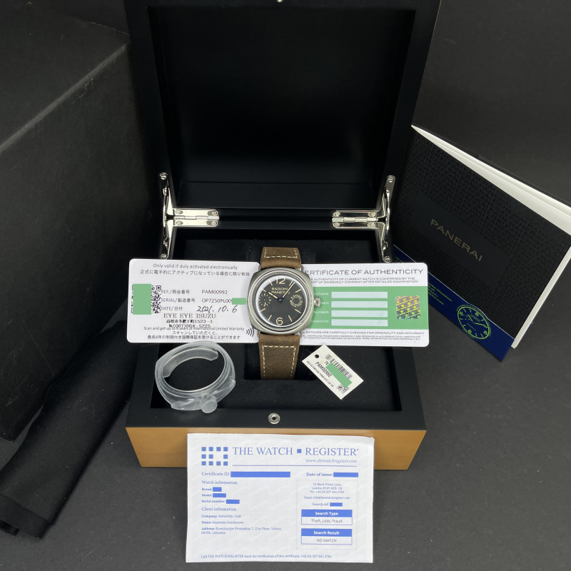 Panerai Radiomir 8 Days, PAM 00992, 45mm, 2021, Steel, Black Arabic dial, Fullset, 1y warranty