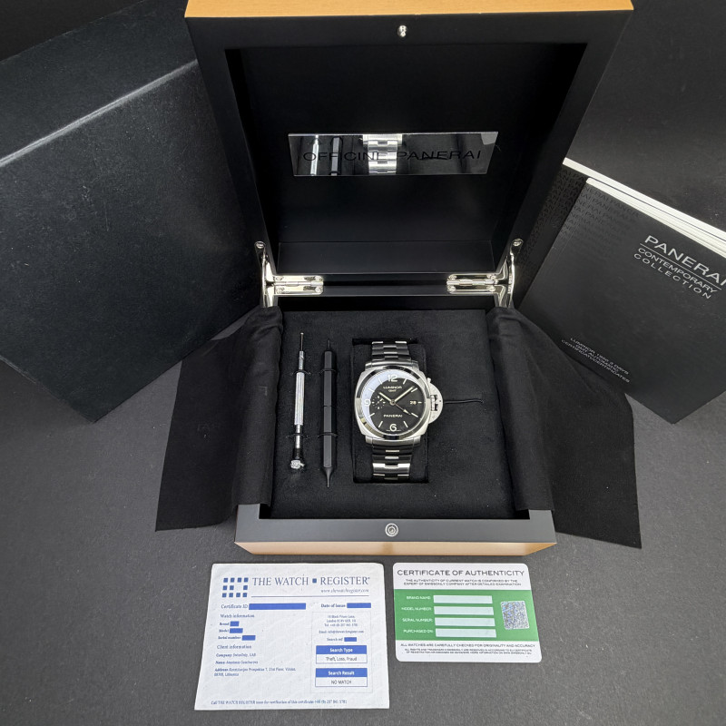 Panerai Luminor 1950 GMT, PAM 00329, 44mm, Steel, Black Arabic dial, Fullset, 1y warranty