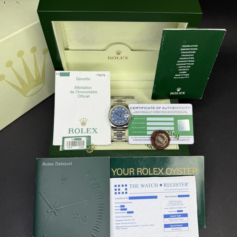Rolex Datejust, 178279, 31mm, 2002, White gold, RARE Sodalite Diamond dial, Fullset, 1y warranty
