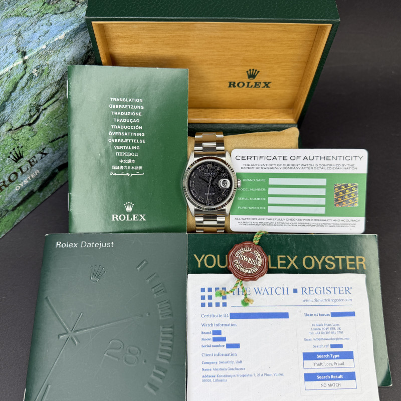 Rolex Datejust, 16234, 36mm, 2002, Steel, Black Jubilee Roman dial, Box, 1y warranty