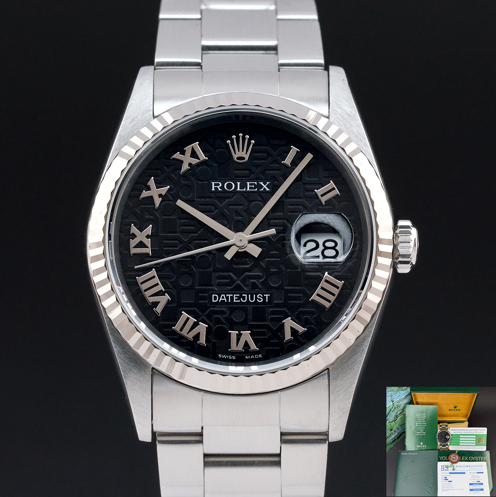 Rolex Datejust, 16234, 36mm, 2002, Steel, Black Jubilee Roman dial, Box, 1y warranty