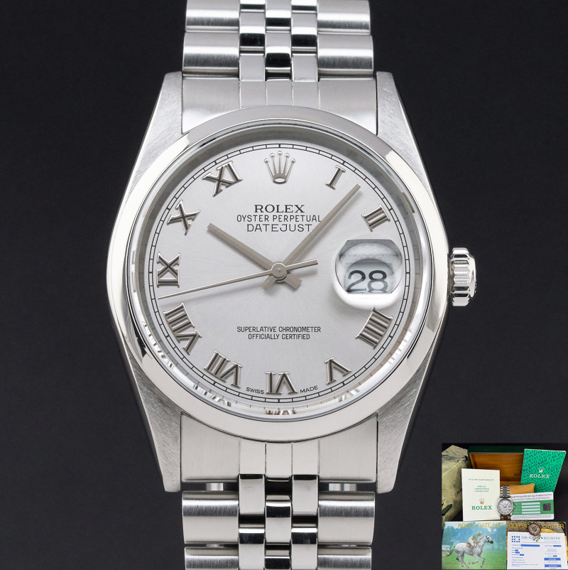 Rolex Datejust, 16200, 36mm, 1997, Steel, Silver Roman dial, Fullset, 1y warranty