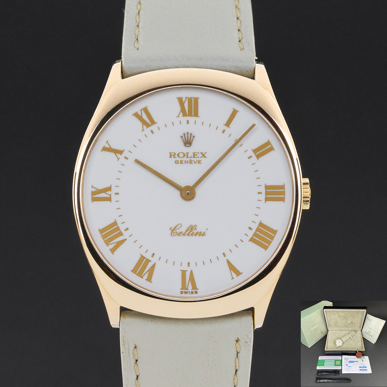 Rolex Cellini, 4133, 31mm, 1981, Yellow gold, White Roman dial, Fullset, 1y warranty