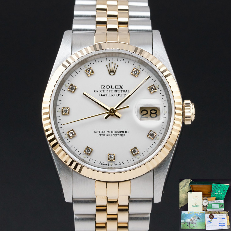 Rolex Datejust, 16233, 36mm, 1991, Two-Tone, White Small Diamond dial, Fullset, 1y warranty