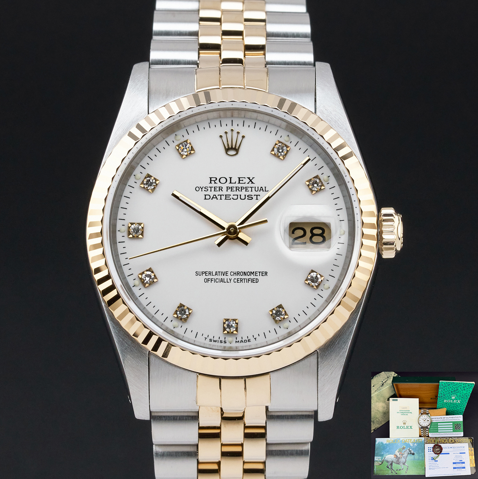 Rolex Datejust, 16233, 36mm, 1991, Two-Tone, White Small Diamond dial, Fullset, 1y warranty