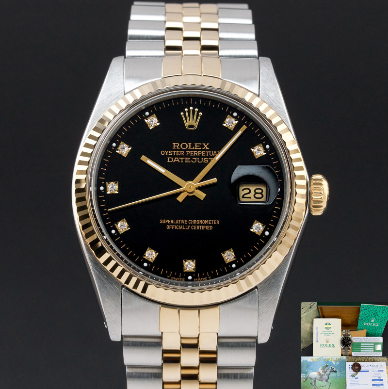 Rolex Datejust, 16013, 36mm, 1984, Two-Tone, Black Small Diamond dial, Fullset, 1y warranty