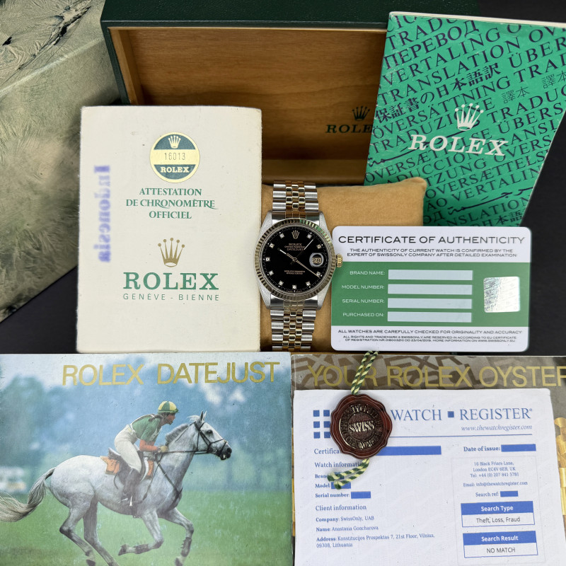 Rolex Datejust, 16013, 36mm, 1984, Two-Tone, Black Small Diamond dial, Fullset, 1y warranty