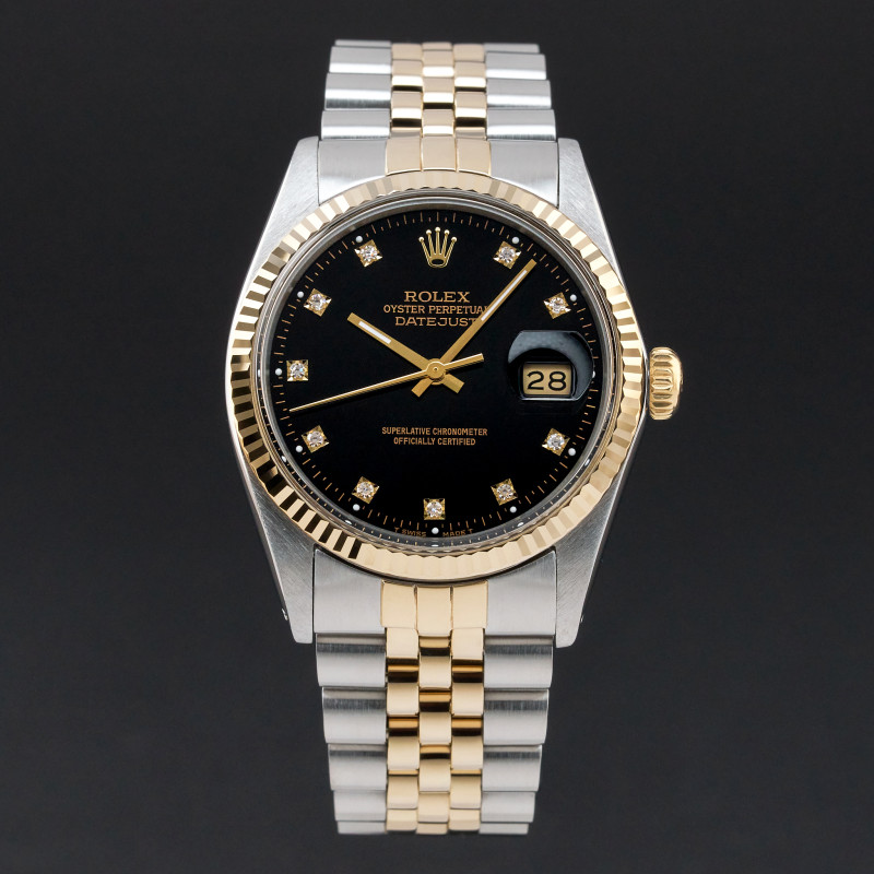 Rolex Datejust, 16013, 36mm, 1984, Two-Tone, Black Small Diamond dial, Fullset, 1y warranty