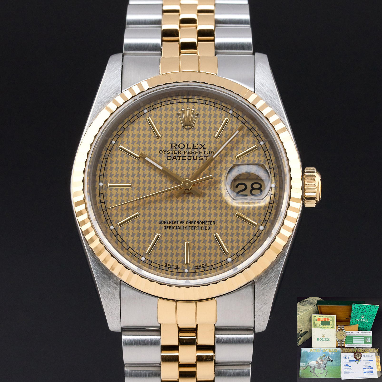 Rolex Datejust, 16233, 36mm, 1988, Two-Tone, Houndstooth dial, Fullset, 1y warranty