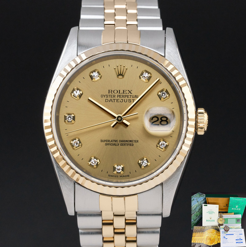 Rolex Datejust, 16233, 36mm, 1995, Two-Tone, Champagne Big Diamond dial, Fullset, 1y warranty