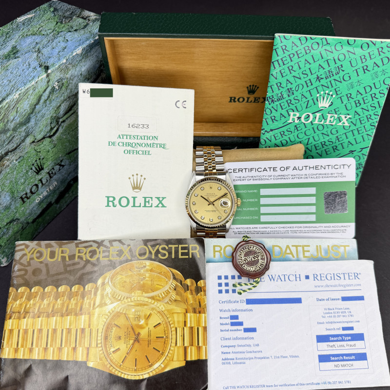 Rolex Datejust, 16233, 36mm, 1995, Two-Tone, Champagne Big Diamond dial, Fullset, 1y warranty
