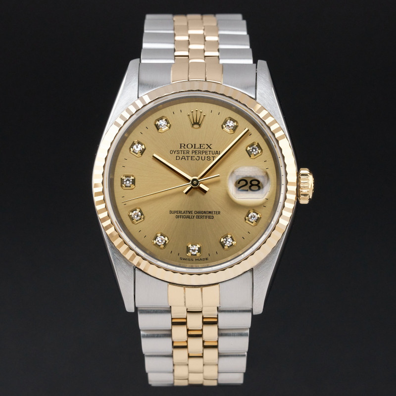 Rolex Datejust, 16233, 36mm, 1995, Two-Tone, Champagne Big Diamond dial, Fullset, 1y warranty