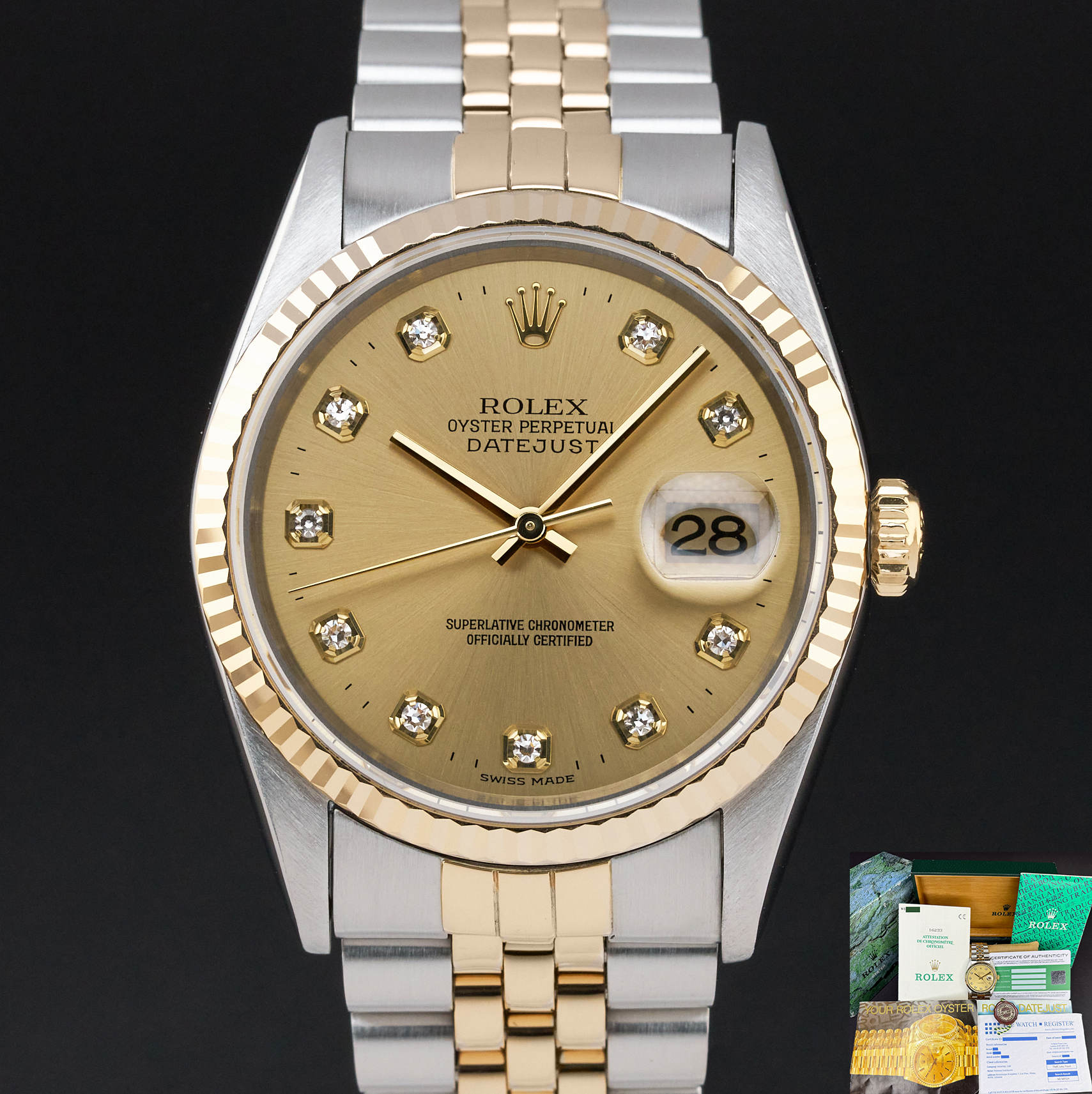Rolex Datejust, 16233, 36mm, 1995, Two-Tone, Champagne Big Diamond dial, Fullset, 1y warranty