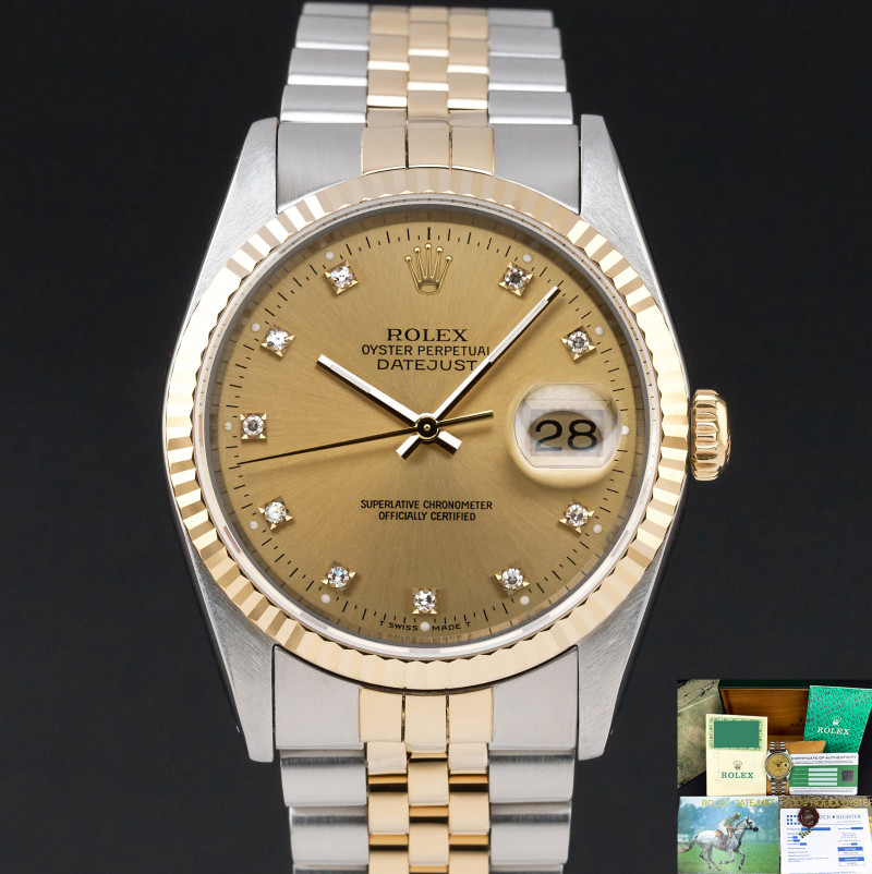 Rolex Datejust, 16233, 36mm, 1991, Two-Tone, Champagne Small Diamond dial, Fullset, 1y warranty