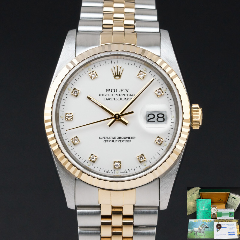 Rolex Datejust, 16233, 36mm, 1990, Two-Tone, White Small Diamond dial, Box, 1y warranty