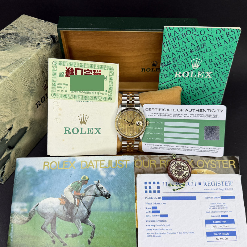 Rolex Datejust, 16233, 36mm, 1991, Two-Tone, Houndstooth Roman Small Diamond dial, Fullset, 1y warranty