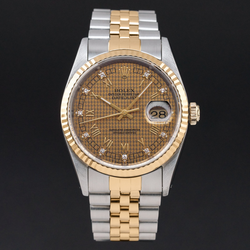 Rolex Datejust, 16233, 36mm, 1991, Two-Tone, Houndstooth Roman Small Diamond dial, Fullset, 1y warranty