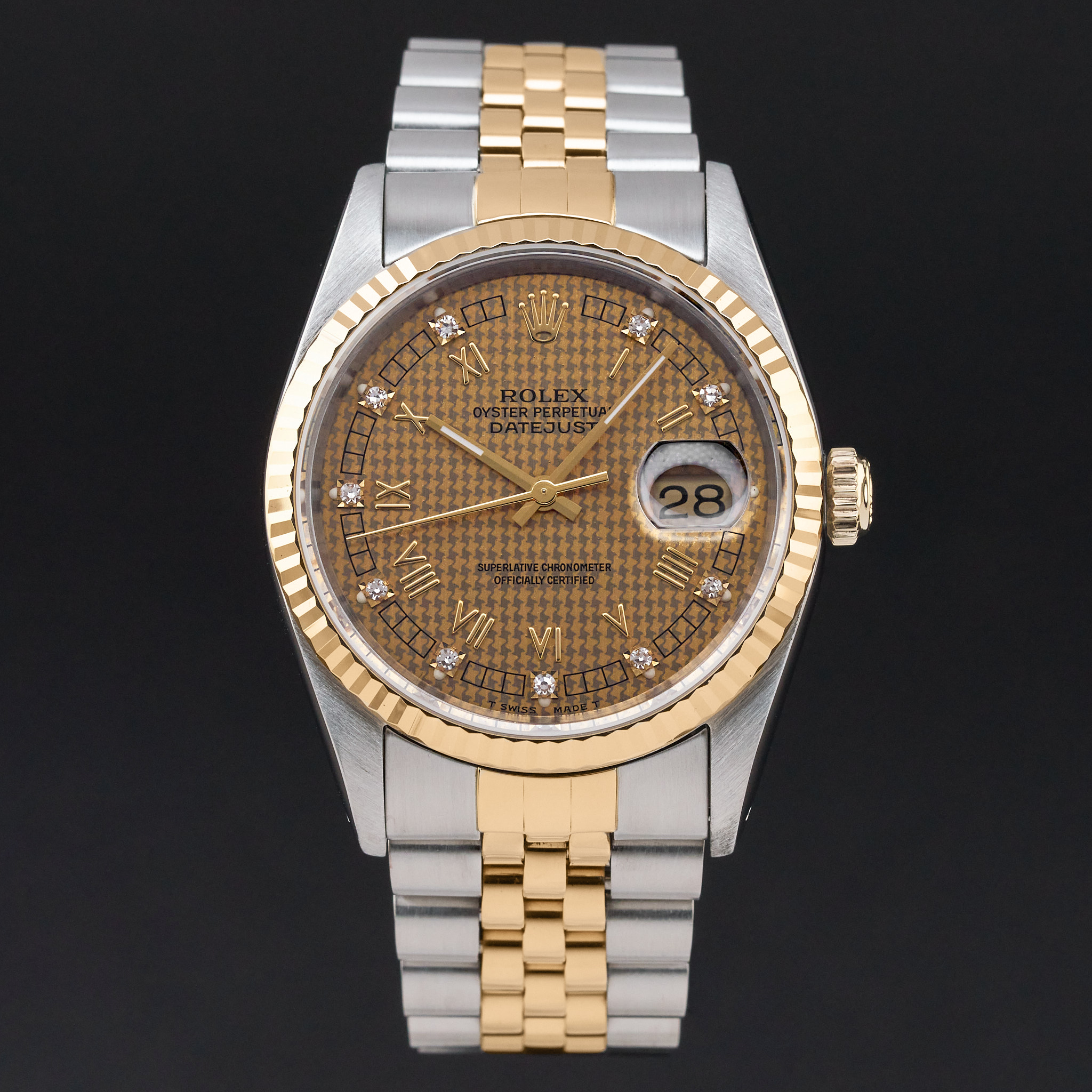 Rolex Datejust, 16233, 36mm, 1991, Two-Tone, Houndstooth Roman Small Diamond dial, Fullset, 1y warranty
