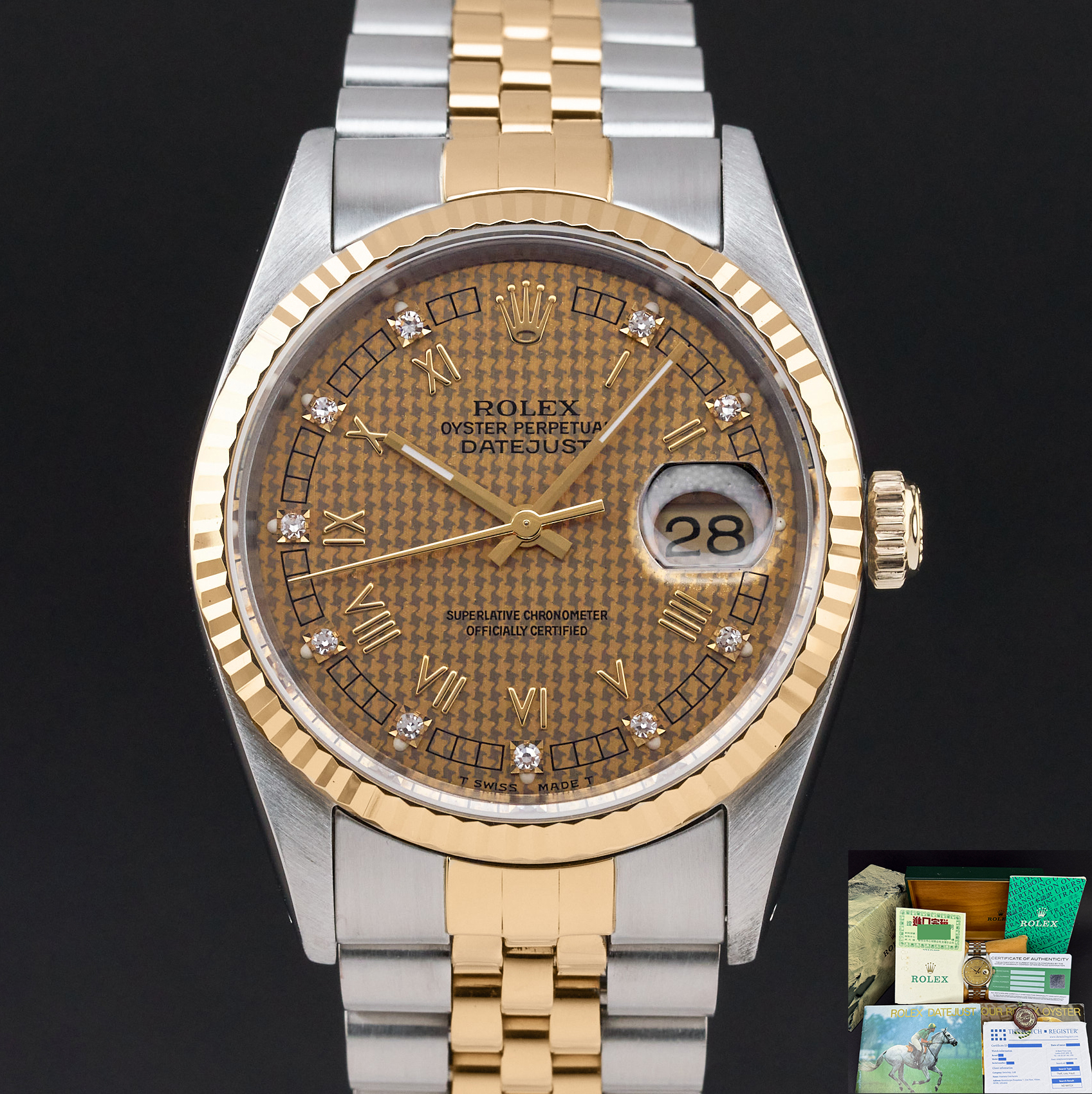 Rolex Datejust, 16233, 36mm, 1991, Two-Tone, Houndstooth Roman Small Diamond dial, Fullset, 1y warranty