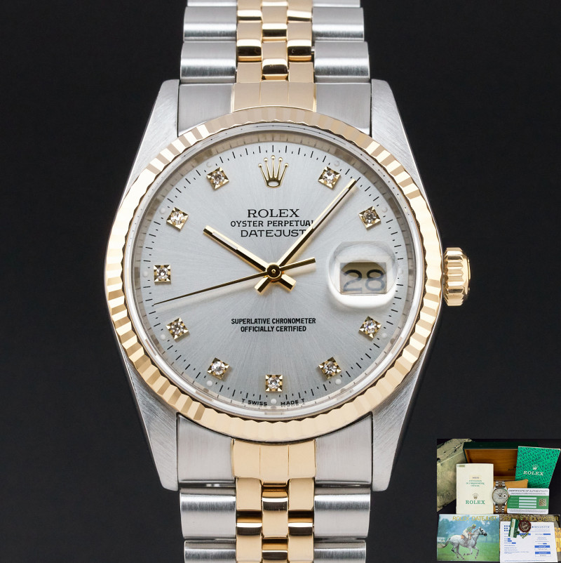 Rolex Datejust, 16233, 36mm, 1988, Two-Tone, Silver Small Diamond dial, Fullset, 1y warranty