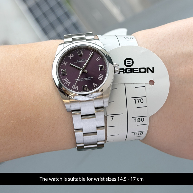 Rolex Oyster Perpetual, 177200, 31mm, 2015, Steel, Red Grape Roman dial, Fullset, 1y warranty
