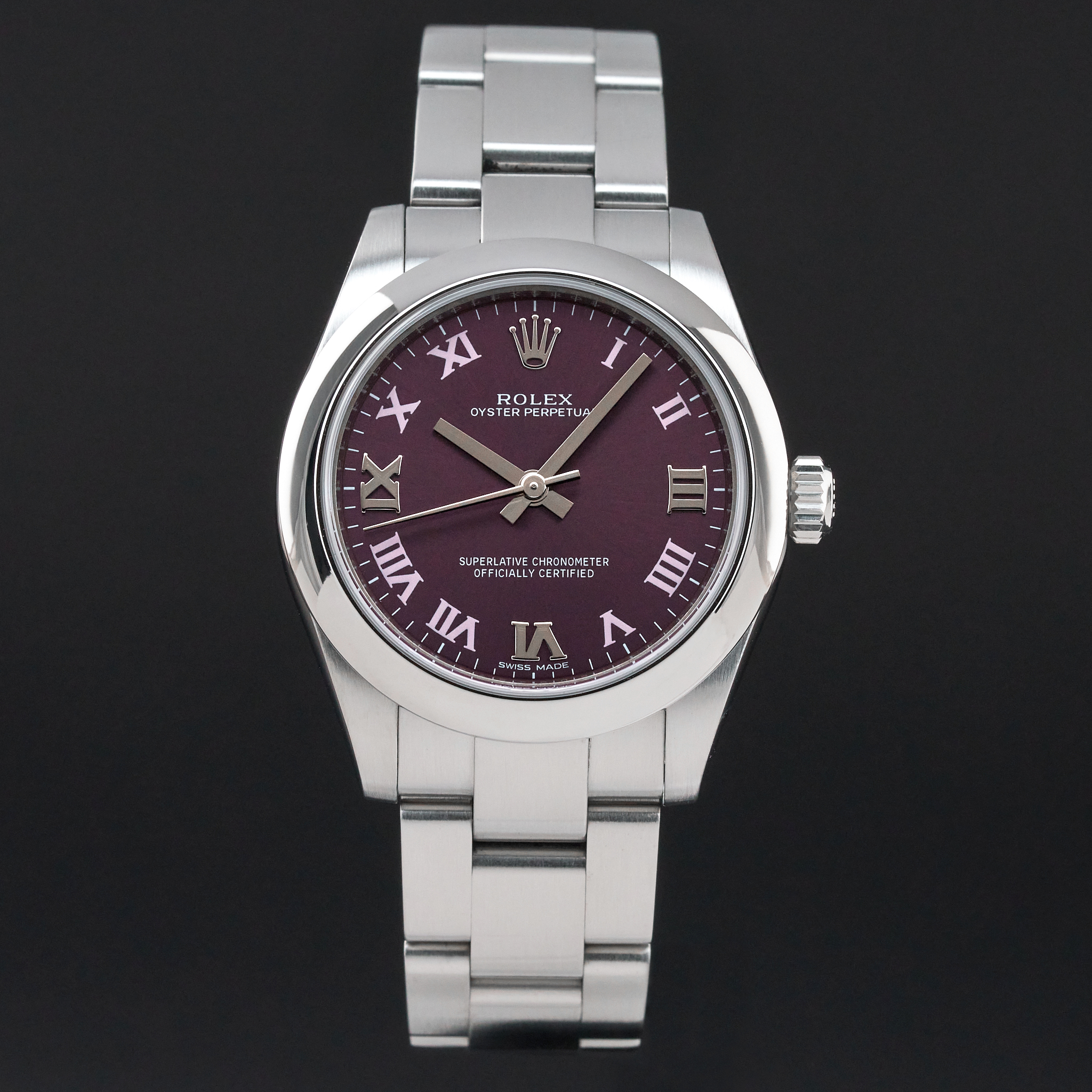 Rolex Oyster Perpetual, 177200, 31mm, 2015, Steel, Red Grape Roman dial, Fullset, 1y warranty