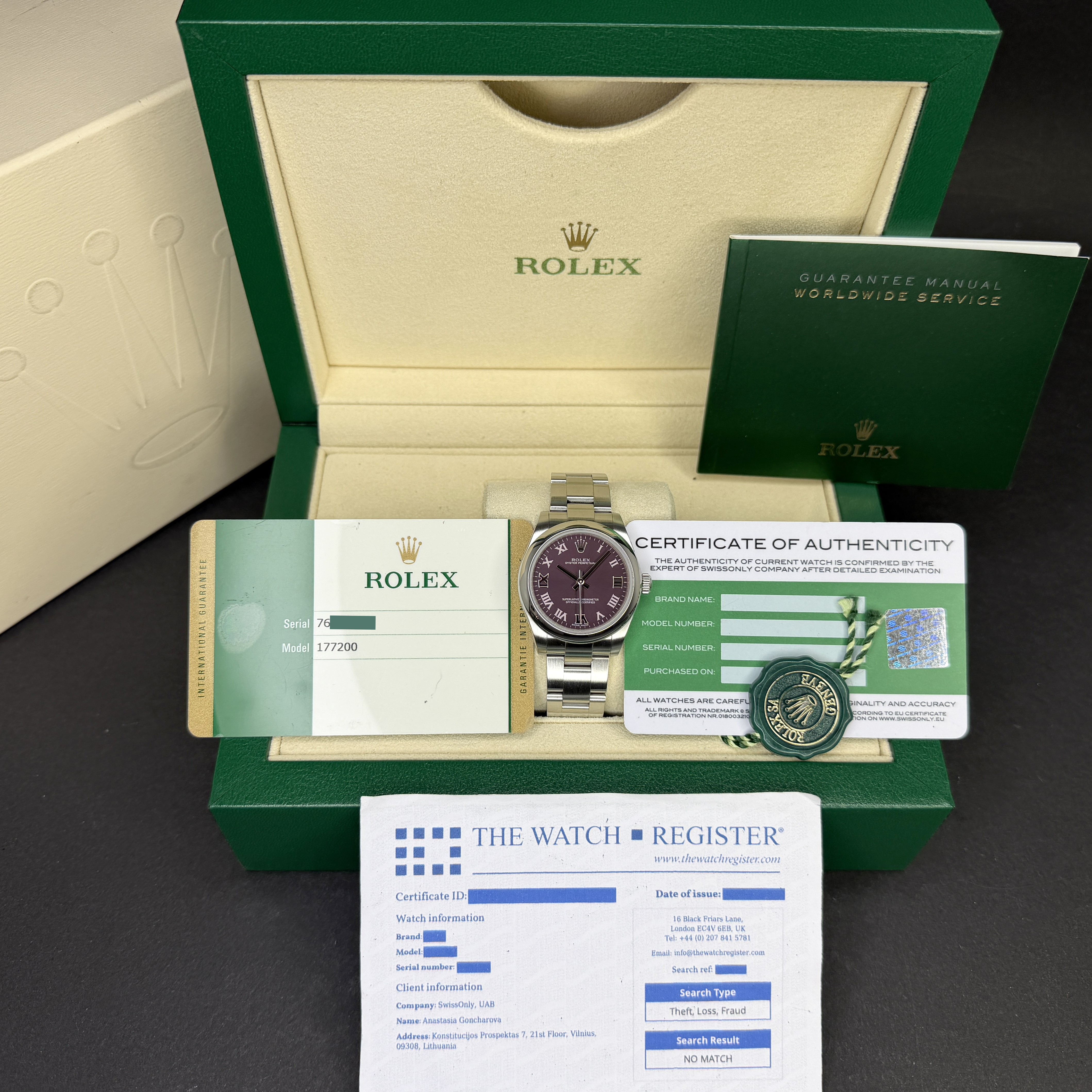 Rolex Oyster Perpetual, 177200, 31mm, 2015, Steel, Red Grape Roman dial, Fullset, 1y warranty