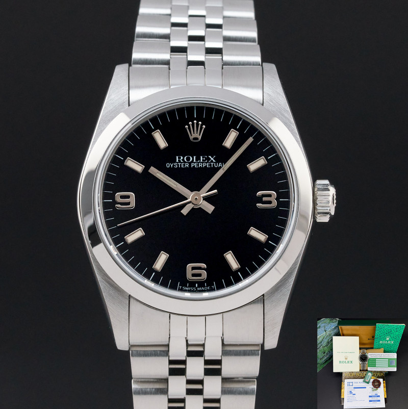 Rolex Oyster Perpetual, 67480, 31mm, 1996, Steel, Black Arabic dial, Fullset, 1y warranty