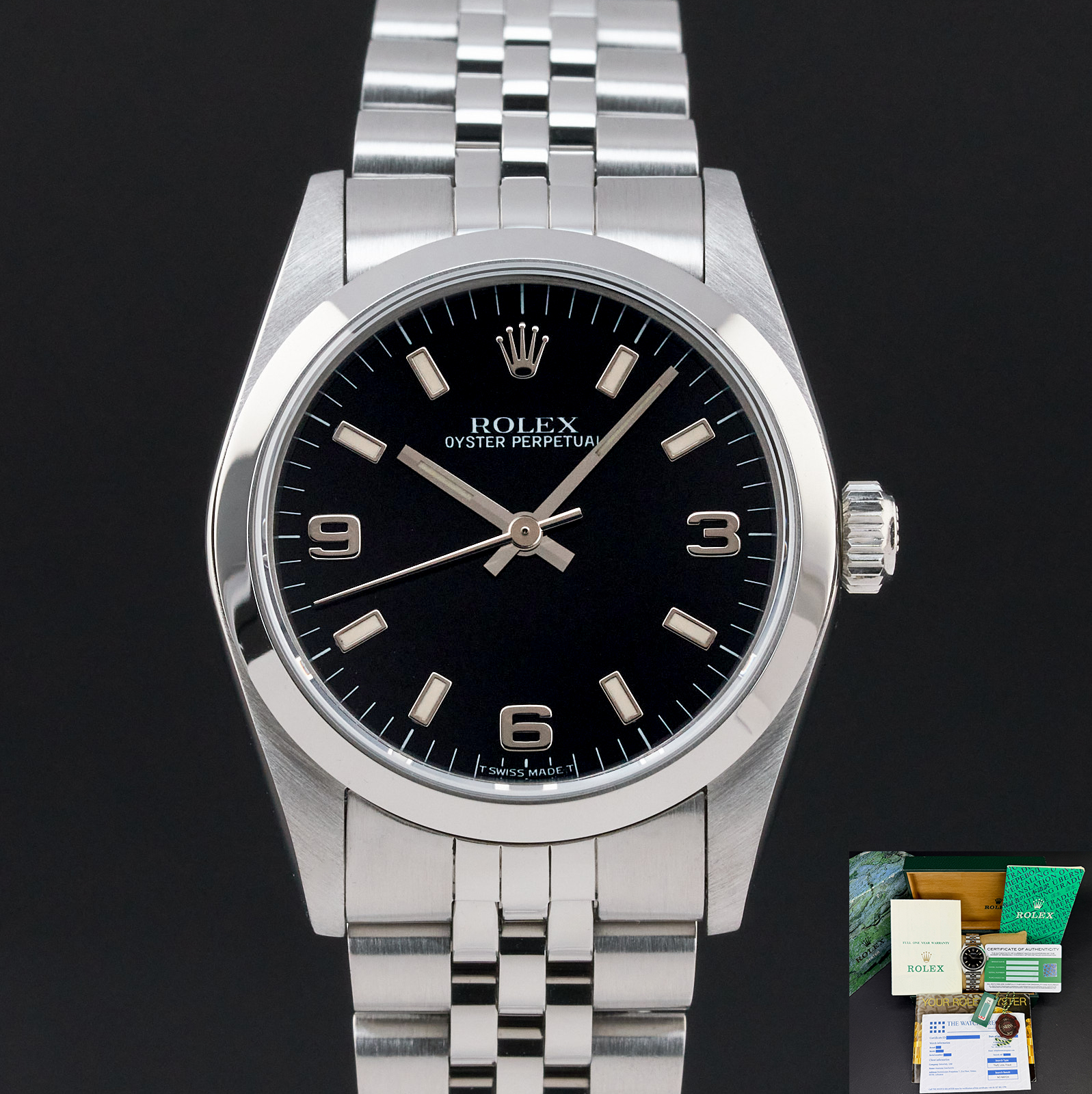 Rolex Oyster Perpetual, 67480, 31mm, 1996, Steel, Black Arabic dial, Fullset, 1y warranty