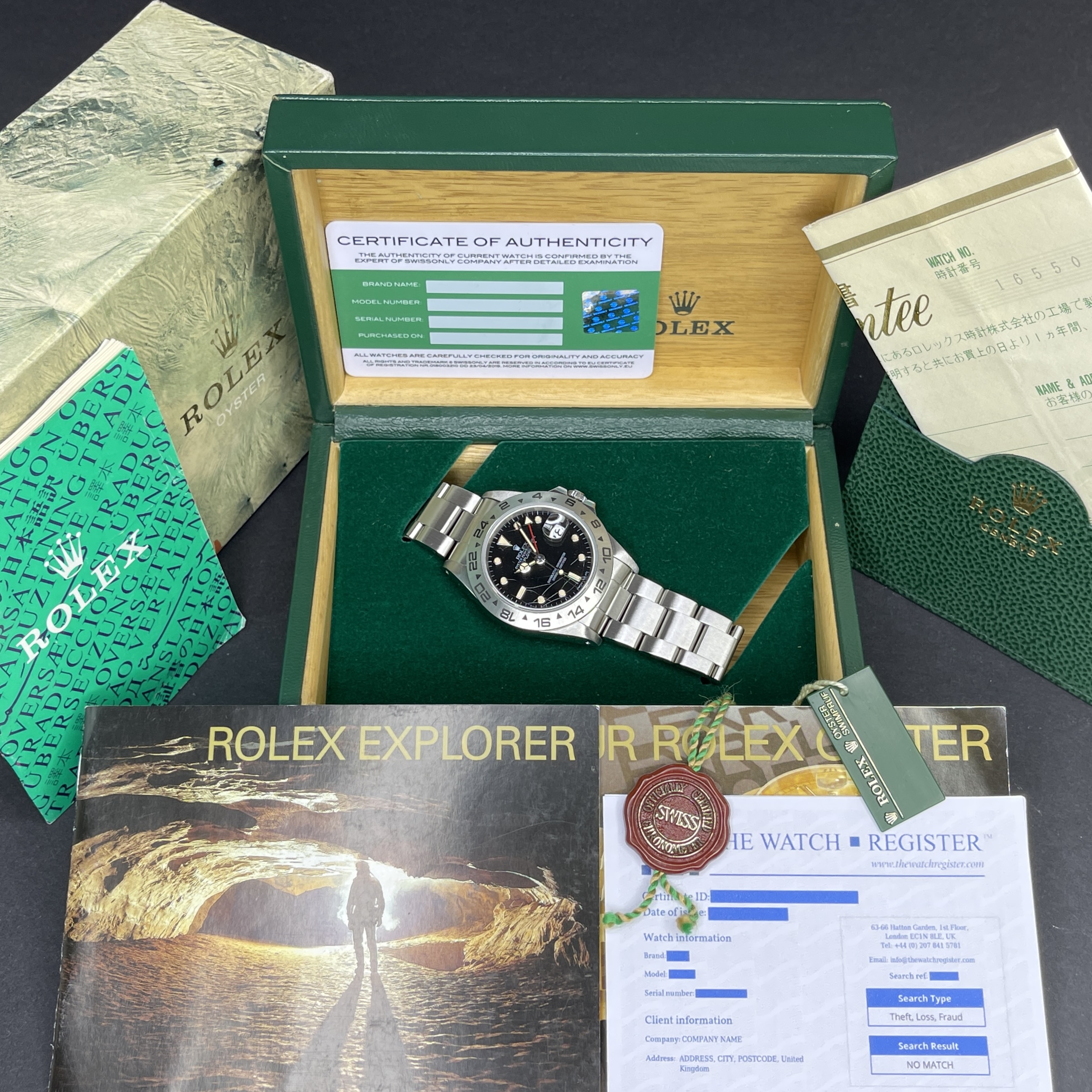 Rolex Explorer II, 40mm, 1984, 1y warranty, Fullset, ref. 16550, Steel, Rail Spider Black dial, Serviced