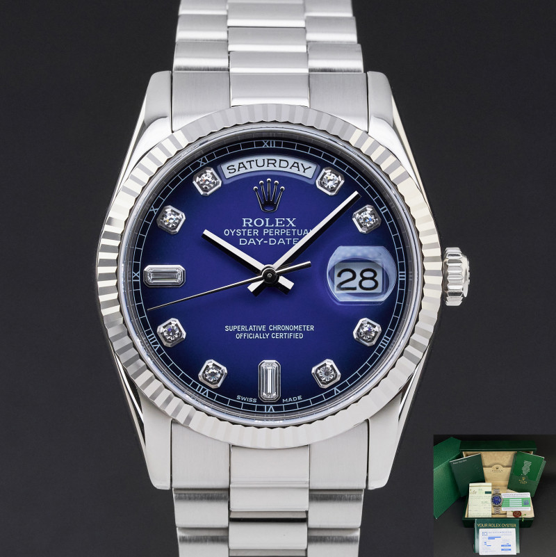 Rolex Day Date President, 118239, 36mm, 2001, White gold, Blue Vignette Big Diamond dial, Fullset, 1y warranty