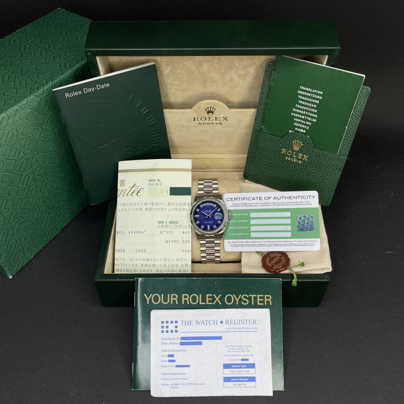 Rolex Day Date President, 118239, 36mm, 2001, White gold, Blue Vignette Big Diamond dial, Fullset, 1y warranty