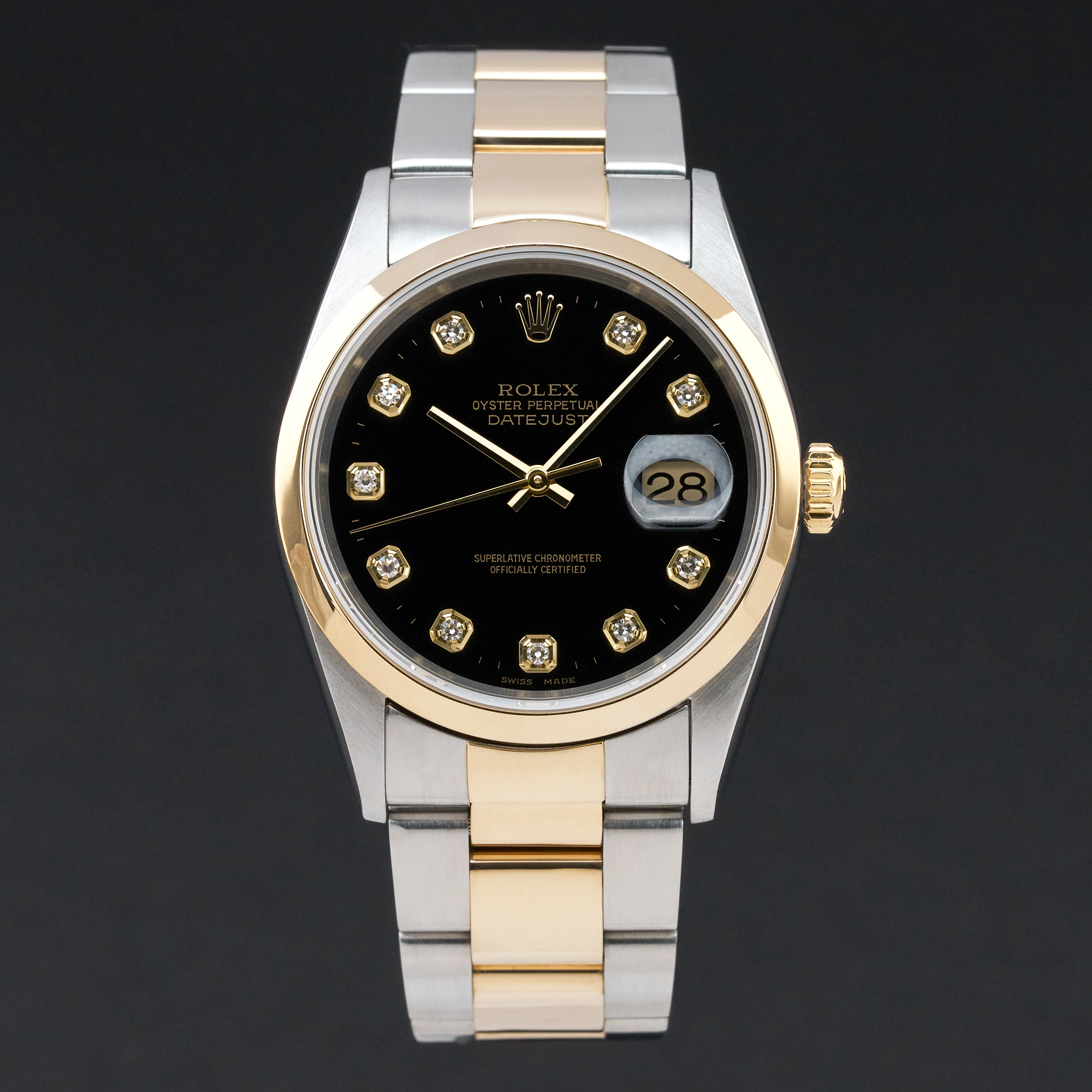 Rolex Datejust, 16203, 36mm, 2001, Two-Tone, Black Diamond dial, Box, 1y warranty