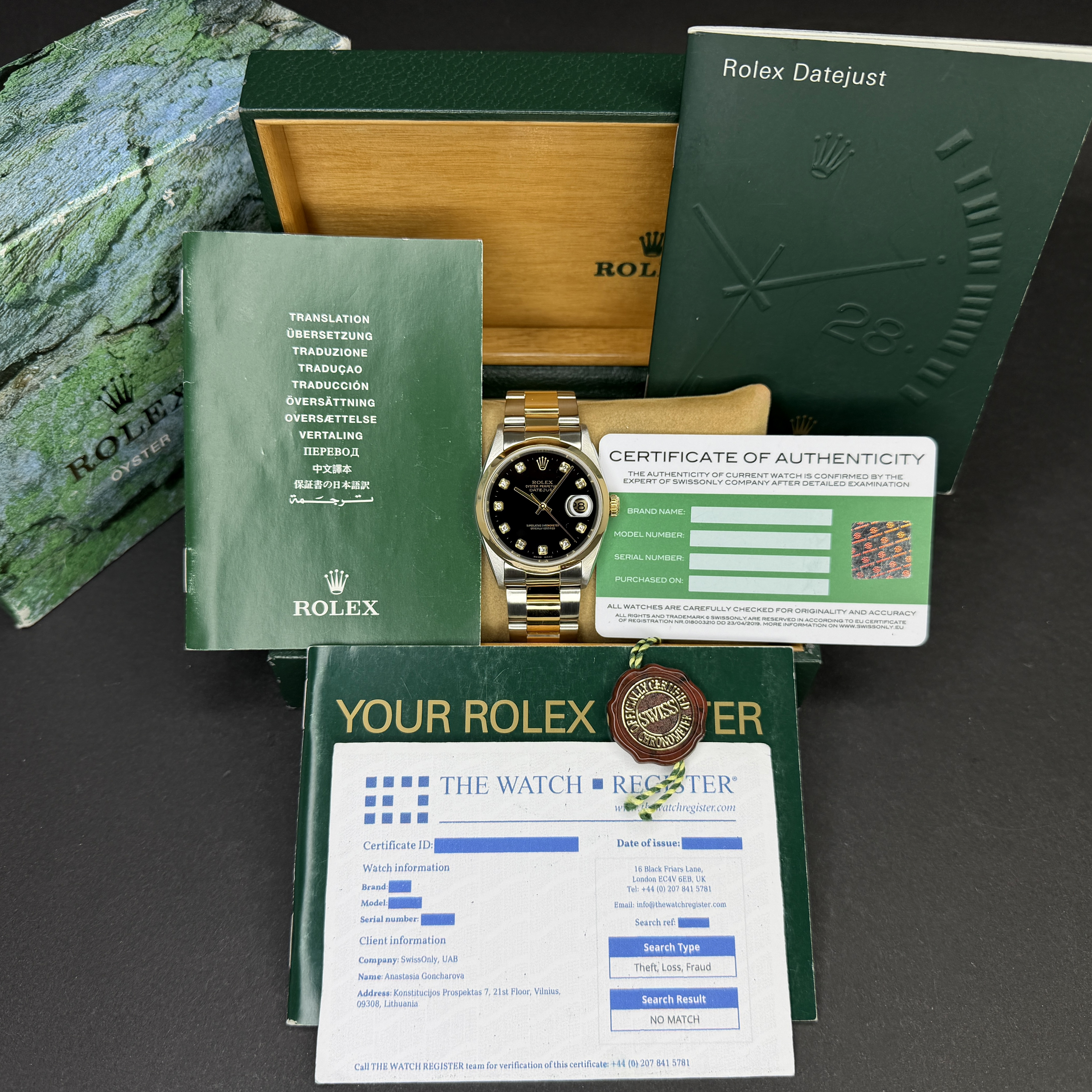 Rolex Datejust, 16203, 36mm, 2001, Two-Tone, Black Diamond dial, Box, 1y warranty