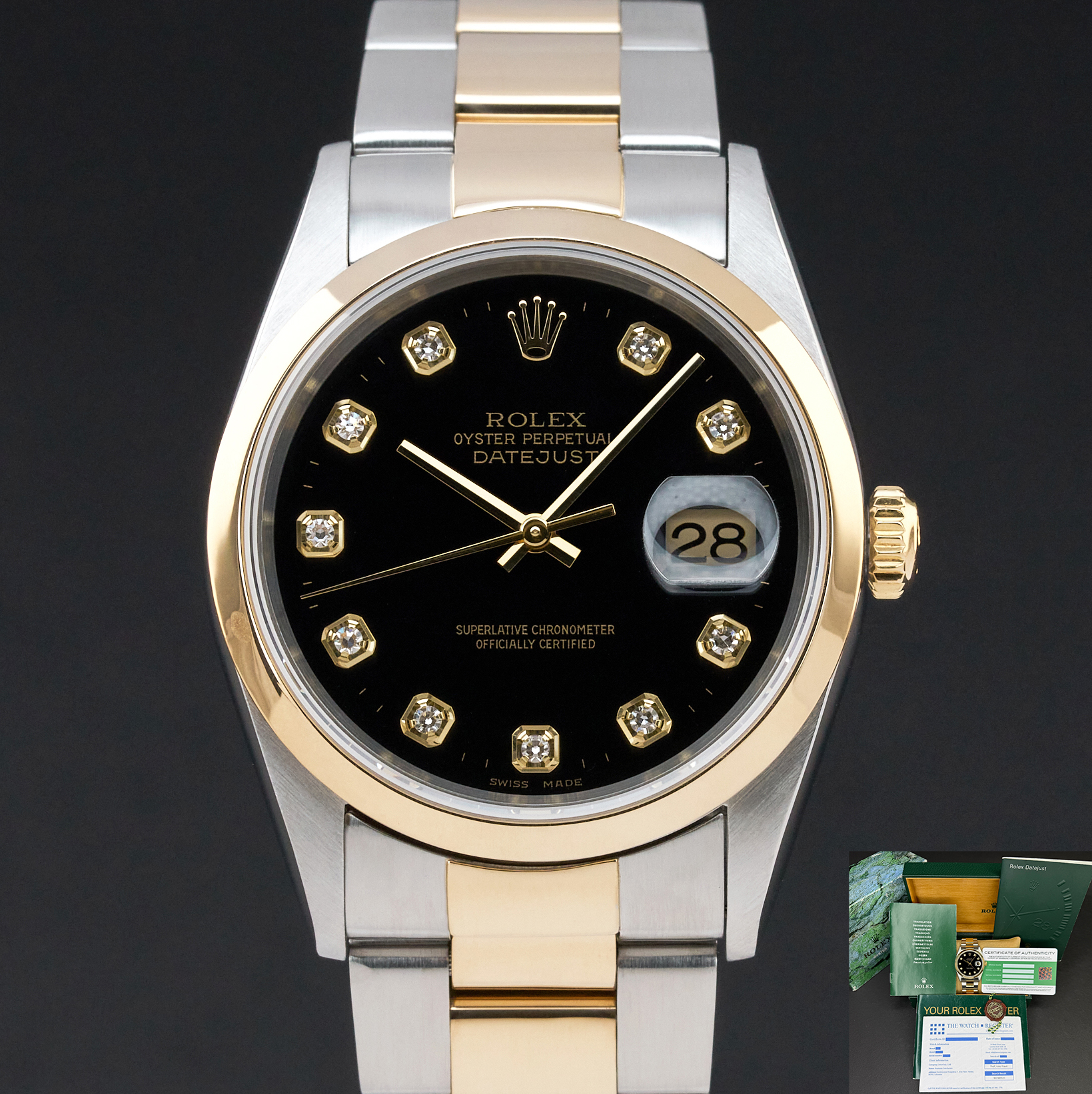 Rolex Datejust, 16203, 36mm, 2001, Two-Tone, Black Diamond dial, Box, 1y warranty