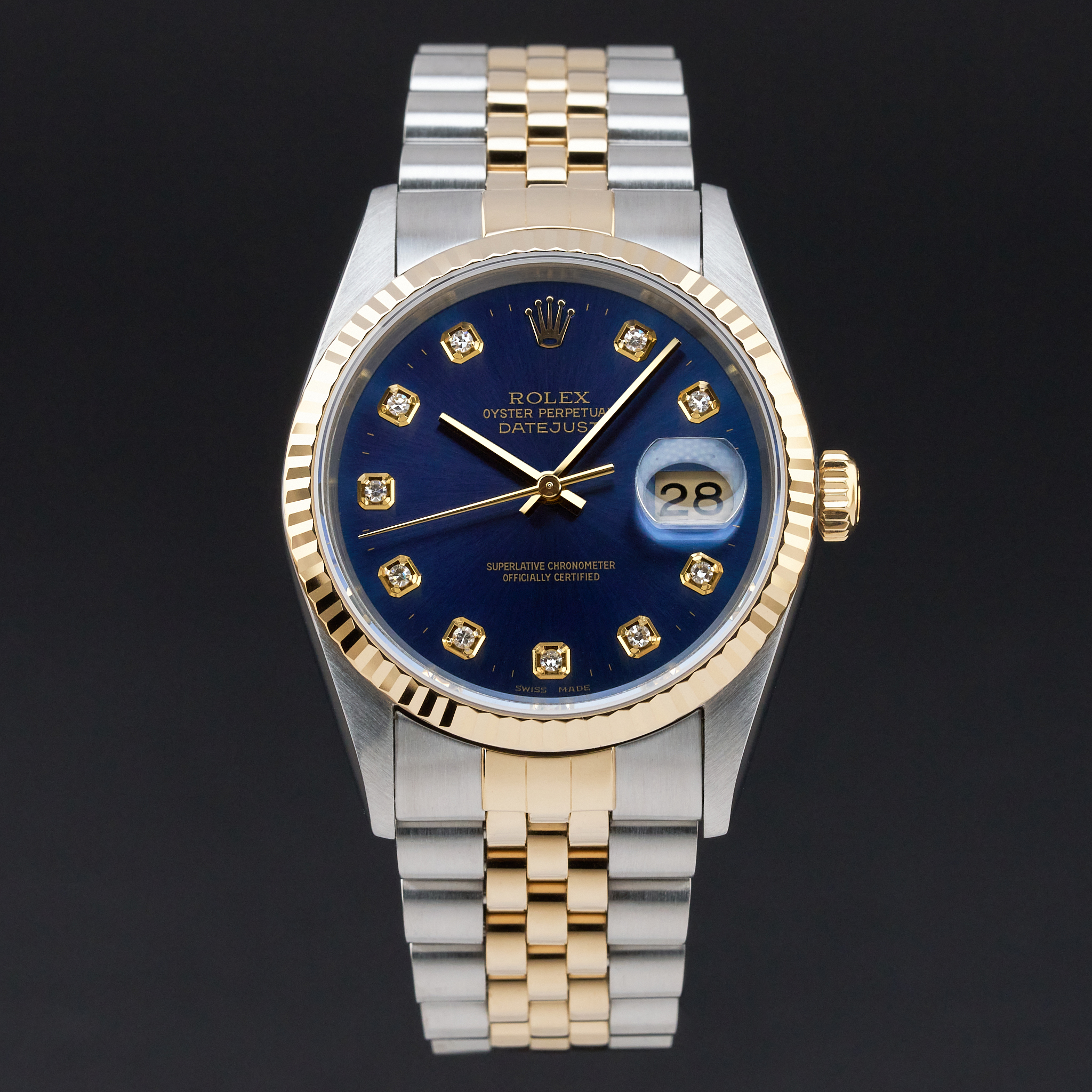 Rolex Datejust, 16233, 36mm, 1995, Two-Tone, Blue Big Diamond dial, Fullset, 1y warranty