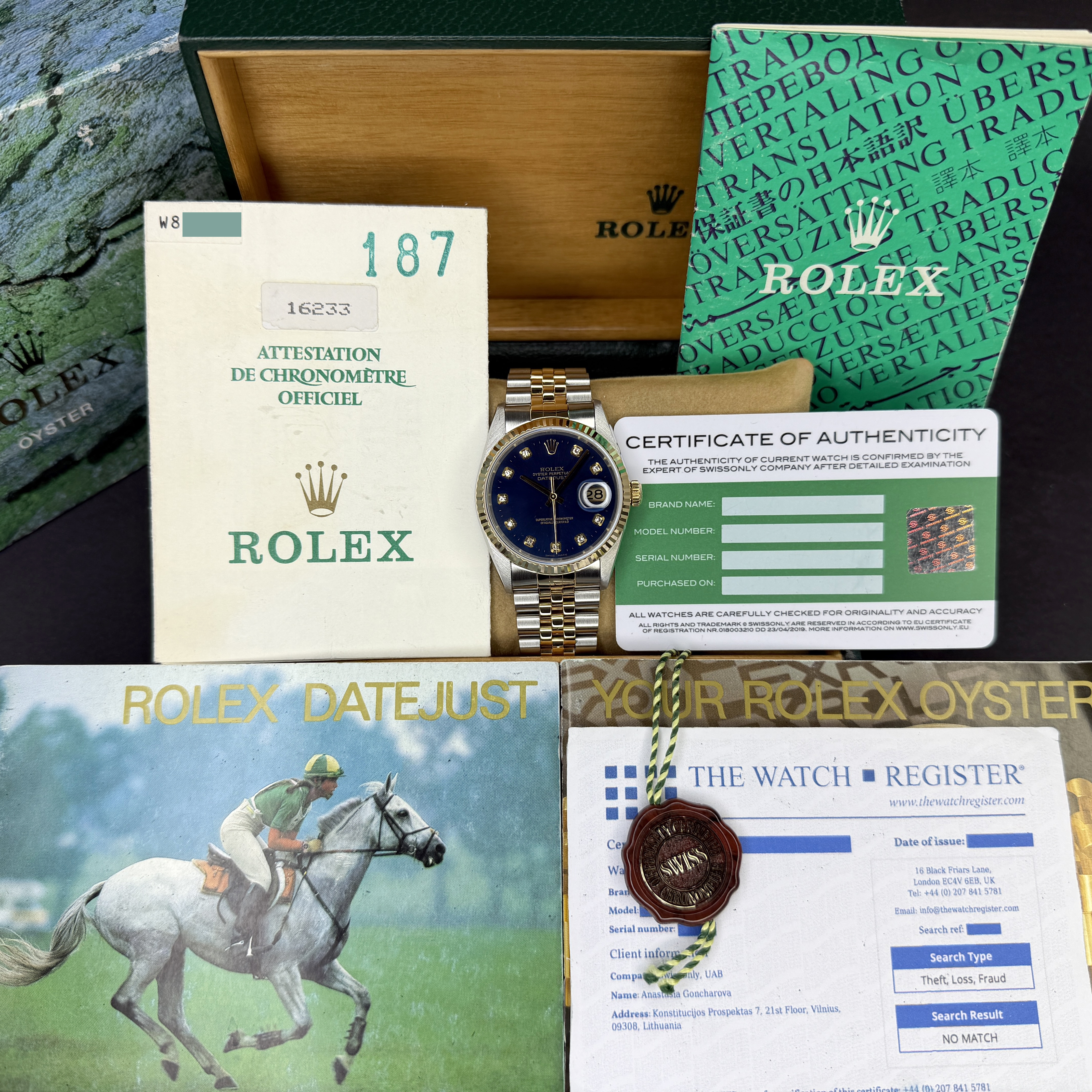 Rolex Datejust, 16233, 36mm, 1995, Two-Tone, Blue Big Diamond dial, Fullset, 1y warranty