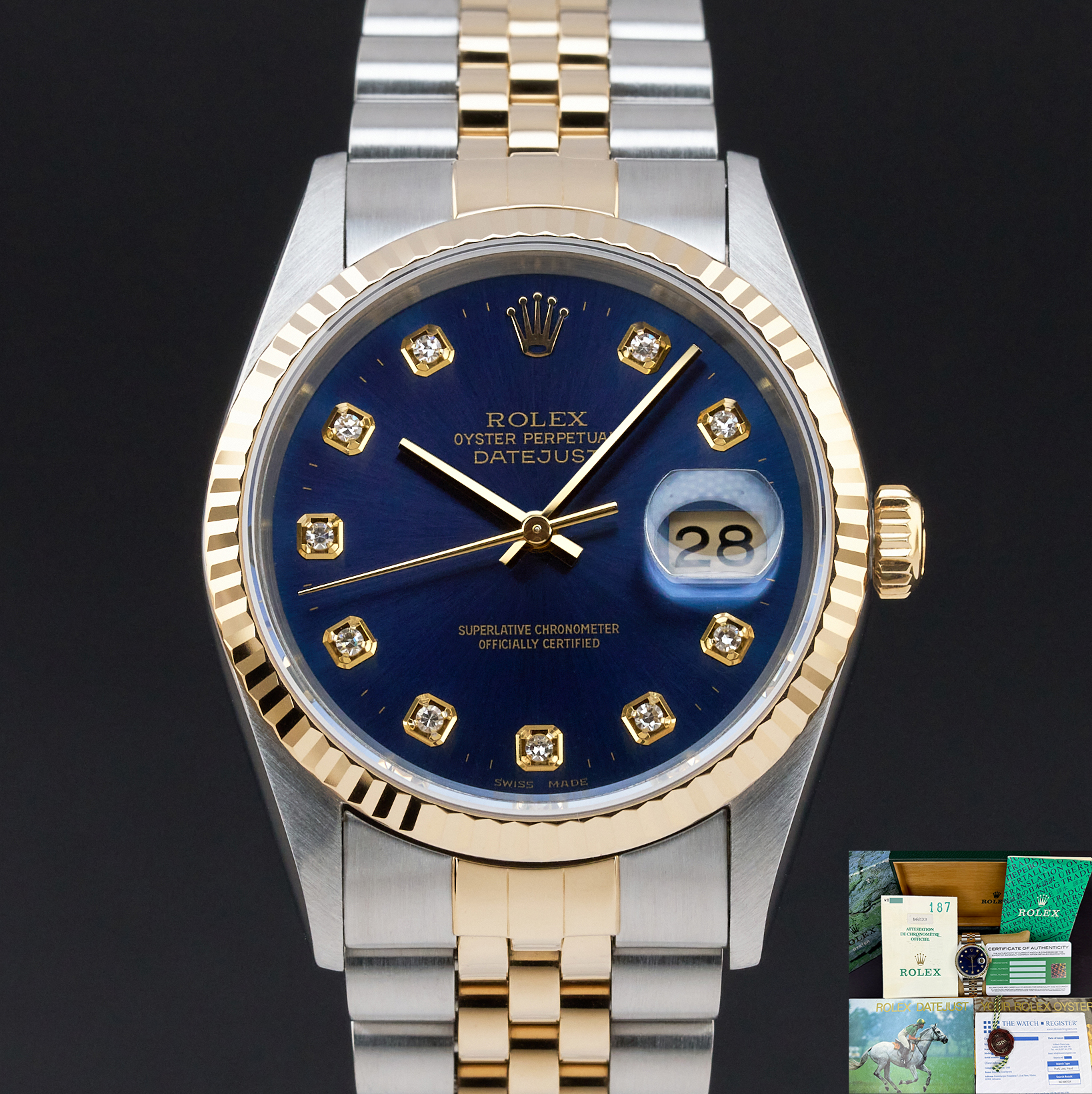 Rolex Datejust, 16233, 36mm, 1995, Two-Tone, Blue Big Diamond dial, Fullset, 1y warranty